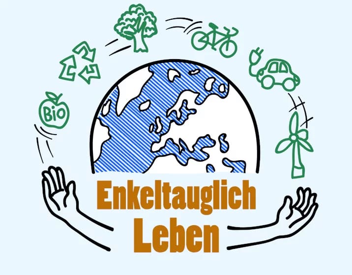 Das Logo von "Enekeltauglich Leben" - Eine Erdkugel, getragen von zwei Händen, die Symbole jonglieren.