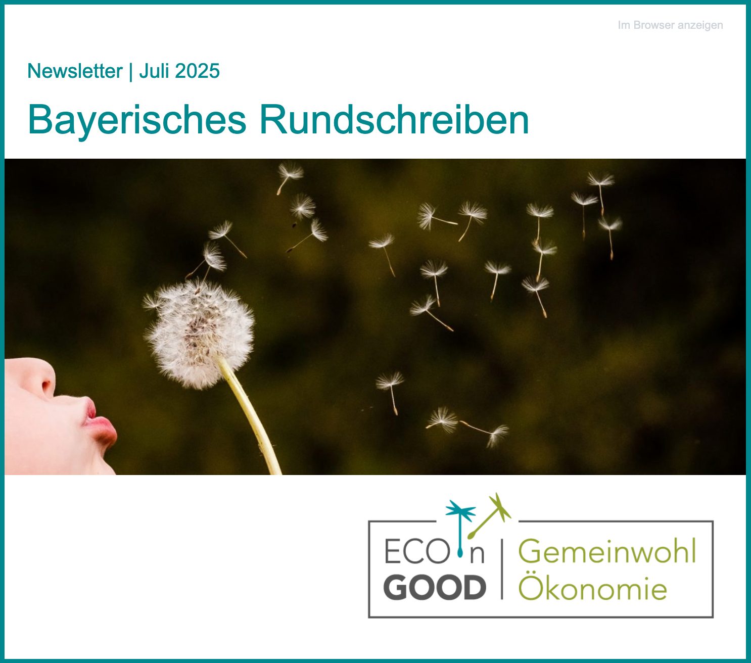 Ein Kind pustet Löwenzahn-Samen; Bayerisches Rundschreiben Juli 2025, ECOinGOOD-Logo.