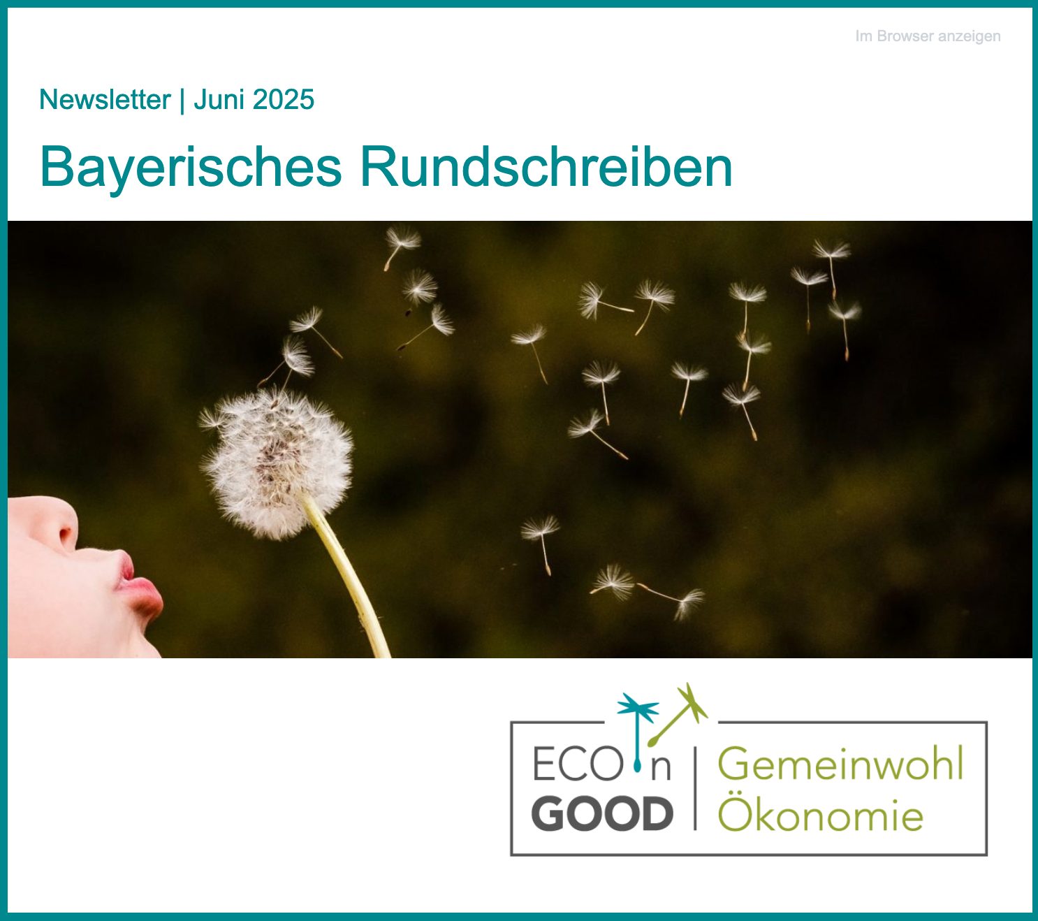 Kind pustet Pusteblume, Logo ECOinGOOD Gemeinwohl Ökonomie, Bayerisches Rundschreiben Juni.