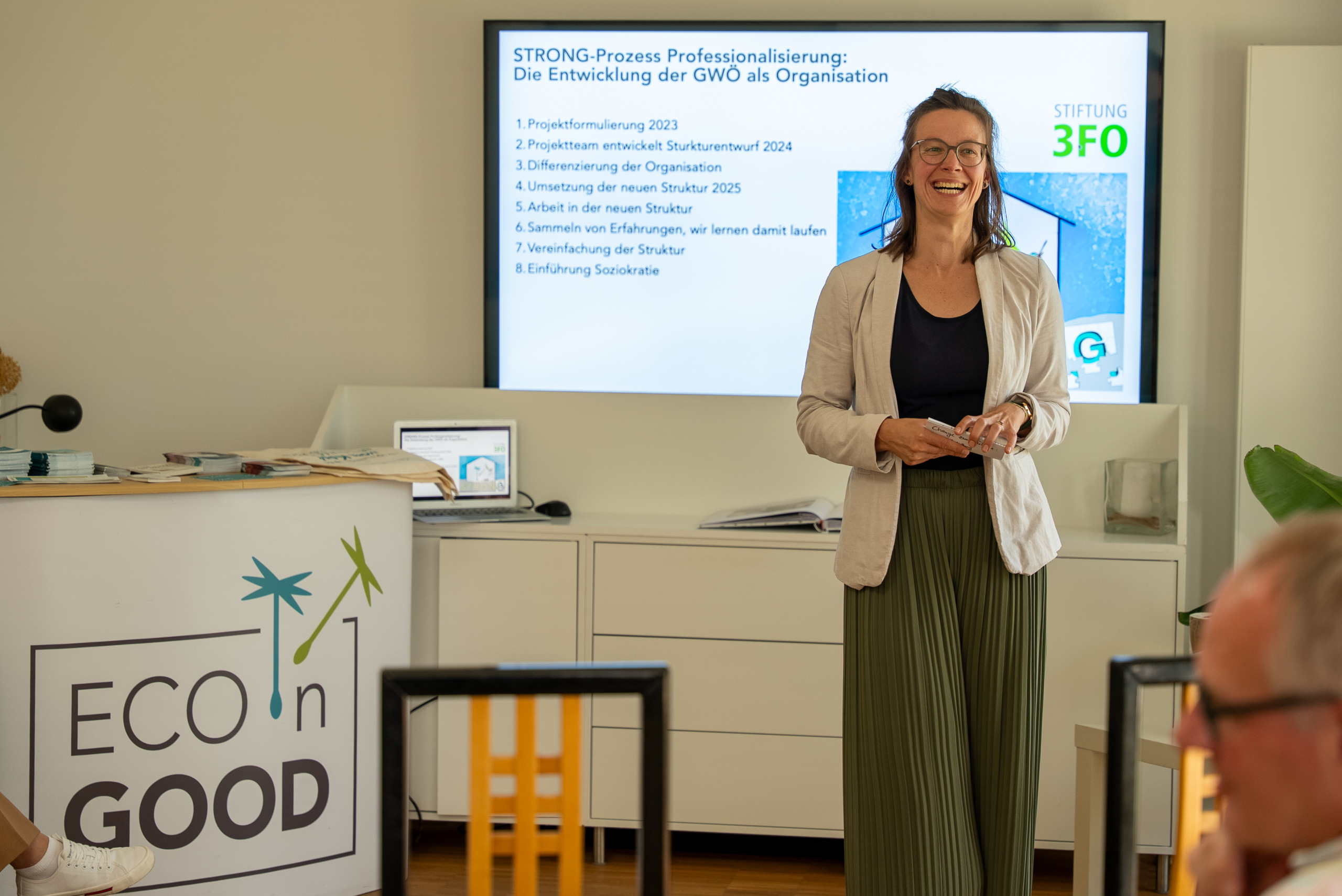 Ninja Borchert steht fröhlich lächelnd vor einer Leinwand, auf der eine Folie zur Organisationsveränderung der GWÖ Deutschland zu sehen ist.